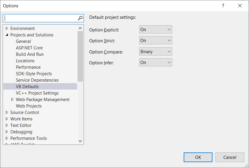 Screenshot of default project settings in in Visual Studio 2019 with Option Strict turned on.